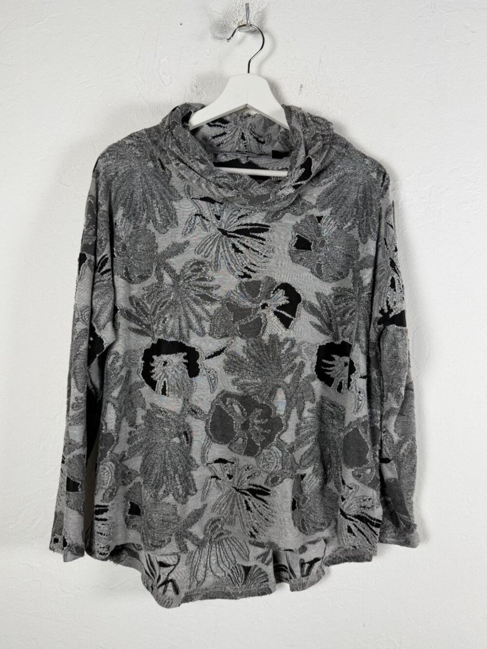 SnoSkins Grey Black Velvet Devore Floral Jacquard Cowl Neck Shirt Blouse Medium